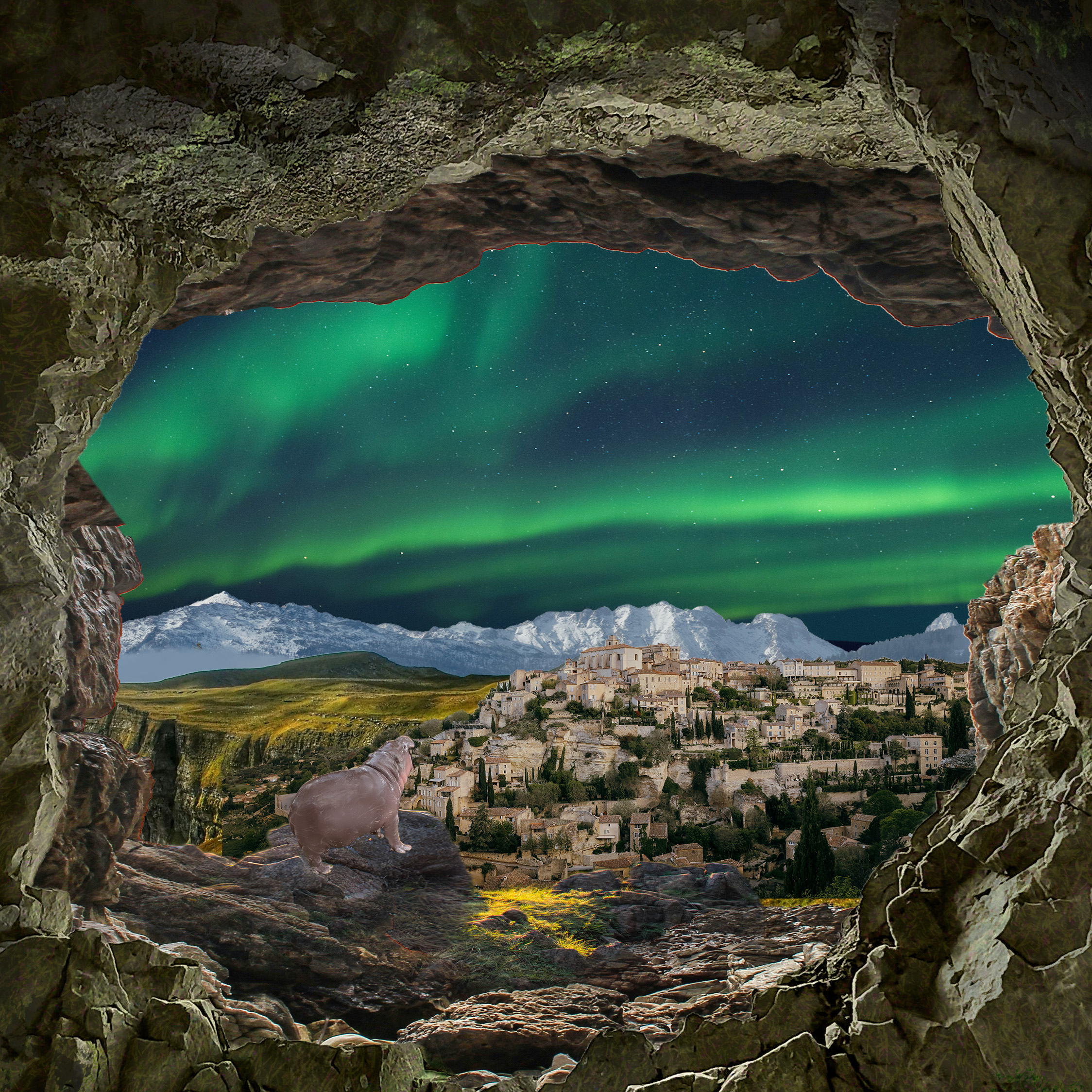 Photo showing an hippotamus viewing over the horizon in the night from a cave